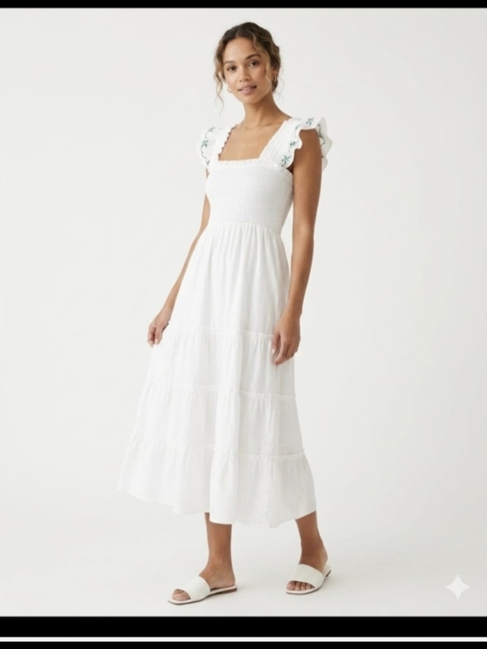 Hill House White Maxi Dress with Green-Trim Ruffled Straps